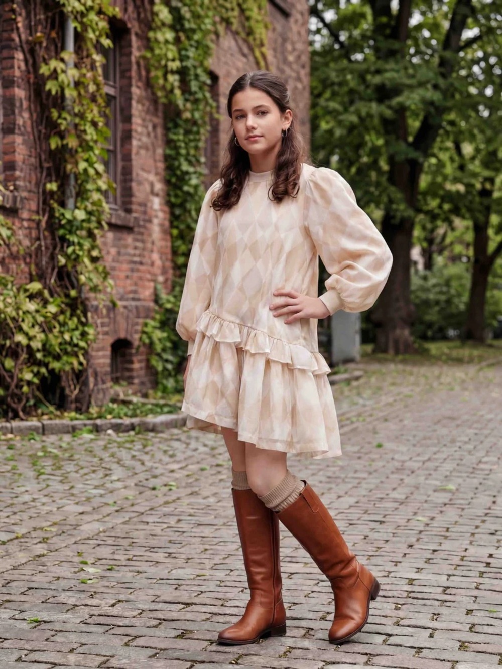 Omami Mini Girls Hi-Low‎ Organza Terry Dress Beige Argyle Puff Sleeve Ruffle 10